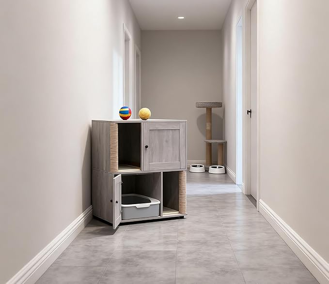 Dual Cat Litter Box Enclosure, Hidden Litter Furniture Cabinet with Two Scratch Mats and Scratching Post, Modern Farmhouse Wooden Covered Cat Washroom, End Table Design, Grey