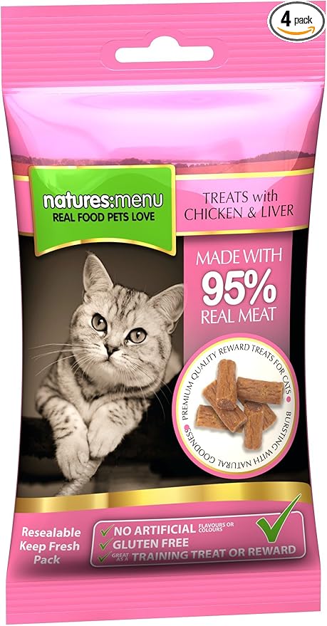 4 Packs of Natures Menu Cat Treats - Real Chicken & Liver 60g