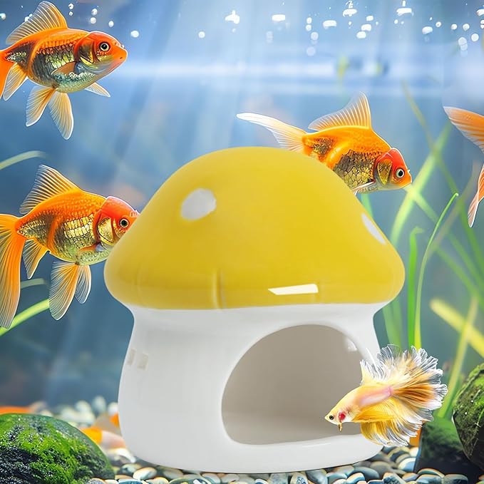 AnRui Ceramic Mushroom Aquarium Decor Cute Mini House Betta Fish Tank Accessories Decoration Hideaway Hideout Cave Ornament for Small Fish, Shrimp, Goldfish and Reptiles (Yellow, Small)
