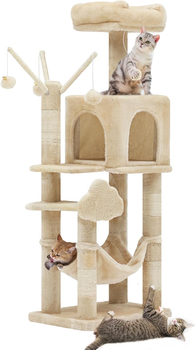 YITAHOME 44in Multi-Level Cat Tree for Indoor Kittens, Cat Furniture with Scratch Posts, Window Padded Plush Perch, Comfortable Hammock, and Interactive Pompoms, Beige