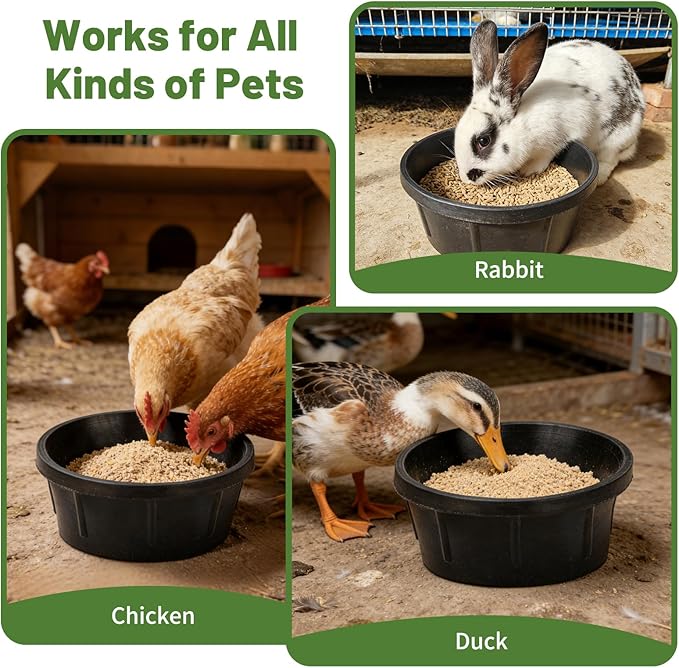 4Pcs Rubber Feeder Pan,2 Quart Feed Bucket Utility Feed Bucket,Small Animal Food Trough for Chickens Rabbits Ducks Cats and Dogs Durable Outdoor Livestock Water Bowl Black