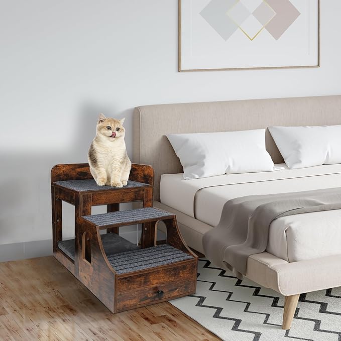 Cat Window Perch with Removable Stairs, Large Pet Bunk Bed with Drawer and Cushion for Cats and Dogs, Strong Frame Pet Bed for Bedside, Home, Indoor, Rustic Brown