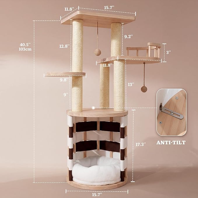 YITAHOME Stable Pine Wood Cat Tree, Multi-Level Cat Tower with Cat House, Observation Perches, Plush Bed, Sisal Scratching Posts & Interactive Balls, Cat Furniture
