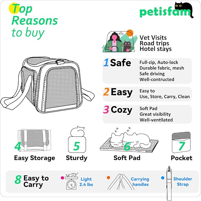 Top Load Cat Carrier for Medium Cats and Small Dogs with Washable Cozy Bed, 3 Doors and Shoulder Strap. Easy to get cat in, Easy Storage, Lightweight, Airline Approved