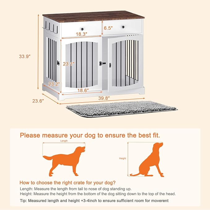 BREEZEHEAT Dog Crate Furniture with Drawers-Farmhouse Dog Kennel, White, 40 inch