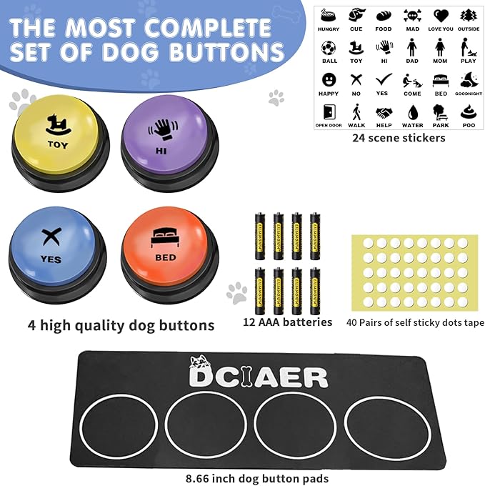 Dog Communication Buttons, 4 Pieces, 30s Recordable Voice, Pet Training Buttons, with Manual, Batteries, 24 Scene Modes, Dog Button Mat