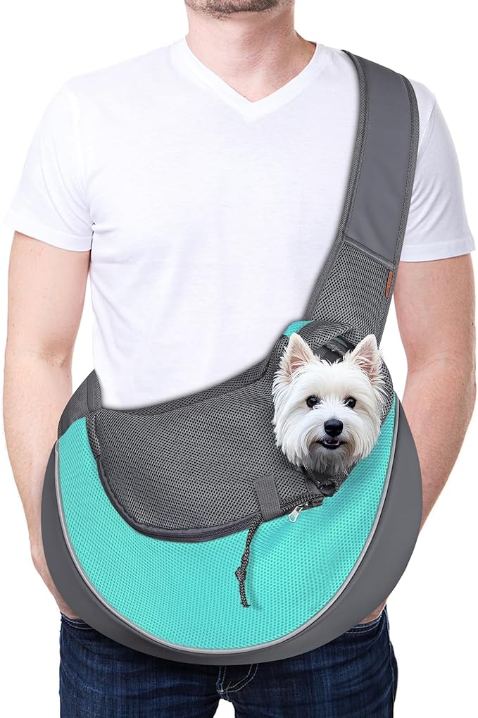 YUDODO Pet Sling Carrier for 10-15 lbs Small Dogs & Cats – Hands-Free Puppy Carrier with Safety Hook, Large Zipper Pocket, Soft Breathable Mesh, Adjustable Strap & Reflective Strip (Cyan 1.0 L)