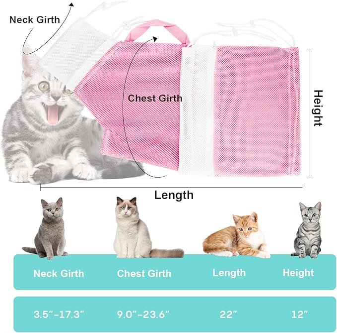Cat Bathing Bag Adjustable Cat Grooming Net Bag Anti-Bite & Anti-Scratch Cat Bath Washing Restraint Bag, Breathable Mesh Cat Grooming Bag for Shower, Nail Trimming, Injection