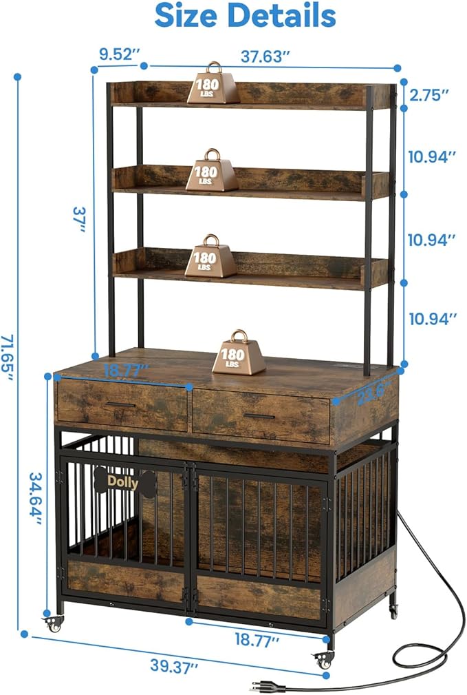 Petrova 40" Dog Crate Furniture with LED Light & Power Outlets, Heavy Duty Indoor Dog Kennel for Small/Medium Dogs, Wooden Dog Cage with Open Shelves, Storage Drawers, Lockable Wheels, Brown