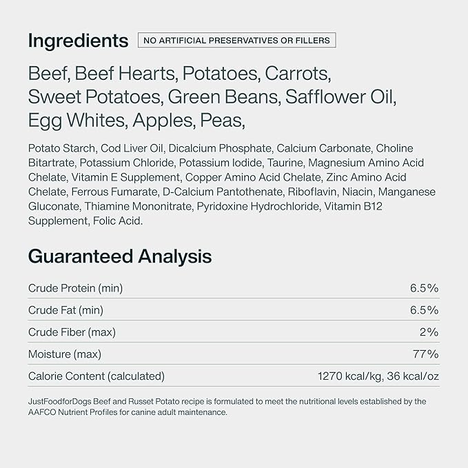 JustFoodForDogs Pantry Fresh Wet Dog Food, Complete Meal or Dog Food Topper, Beef & Russet Potato Human Grade Dog Food Recipe - 12.5 oz (Pack of 6)