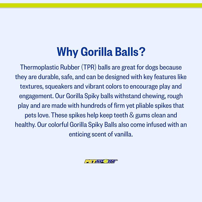 PetSport Gorilla Spiky Ball 5” - Spiky Rubber Dog Ball Toy, Interactive Puppy Toy for Medium and Large Sized Dogs, TPR Rubber, Vanilla Scented - 5 Inch, X-Large