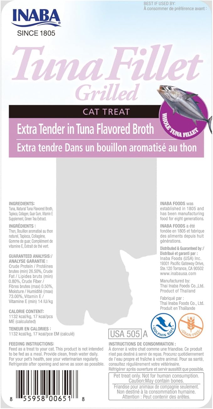 INABA Premium Hand-Cut Grilled Tuna Fillet Cat Treats/Topper with Vitamin E and Green Tea Extract, 0.52oz. Each, Pack of 6, Extra Tender Tuna Broth