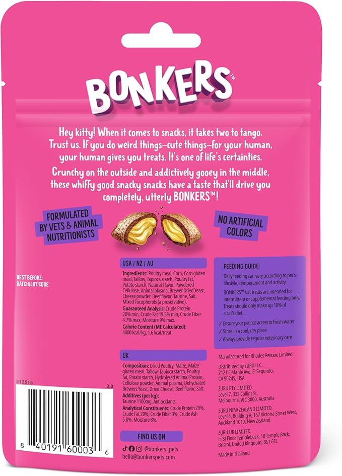 Bonkers Bites Bangin' Beef Flavor Crunchy & Soft Treats for Cats, 3oz Bag (Pack of 10)