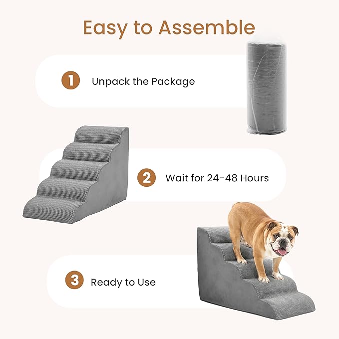 HealSmart Dog Stairs for Small Dogs, 5-Step Curved Design Pet Steps for Puppies & Senior Cats, High-Density Foam Indoor Non-Slip Ladder, Perfect for Sofa Couch and Chair Furniture Access, Gray
