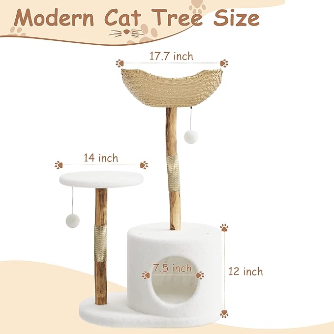GarveeHome Real Wood Cat Tree, Modern Cat TreeReal Wood Modern Cat Tree Tower, Cat Scratching Post with Bed for Indoor Cats with Natural Wicker Condo, Aesthetic Tree Stand, Luxury Pet Furniture