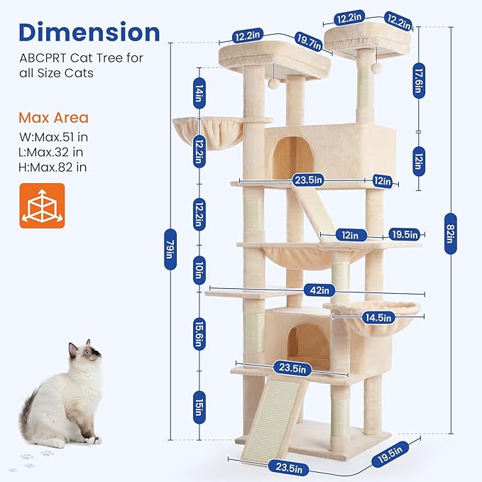 ABCPET Cat Tree 82 in Multi-Level Cat Tower for Indoor Cats, Heavy Duty Large Cat Tree with Sisal Scratching Posts, Hammock, 2 Perches, 2 Condos, 2 Hanging Baskets, Beige