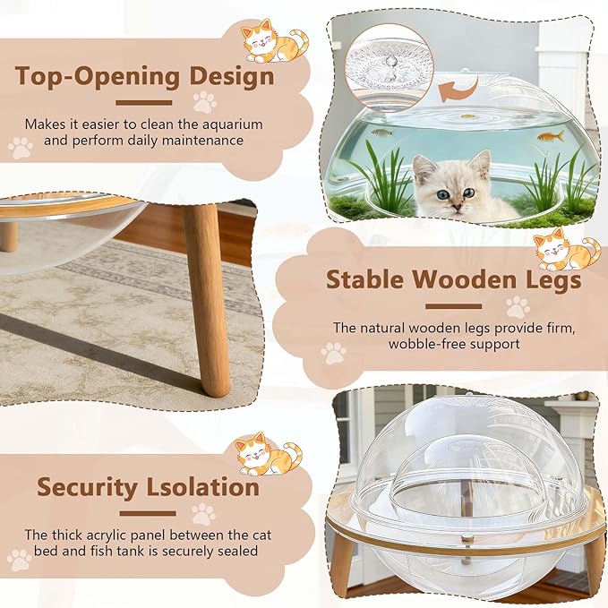 Cat Fish Tank, Interactive Orbit Fish Tank for Cats - 360° Immersive Cat Tv with Internal Tunnel, Heavy-Duty Plywood Base 4mm Thick Acrylic, Indoor Cat Enrichment Furniture