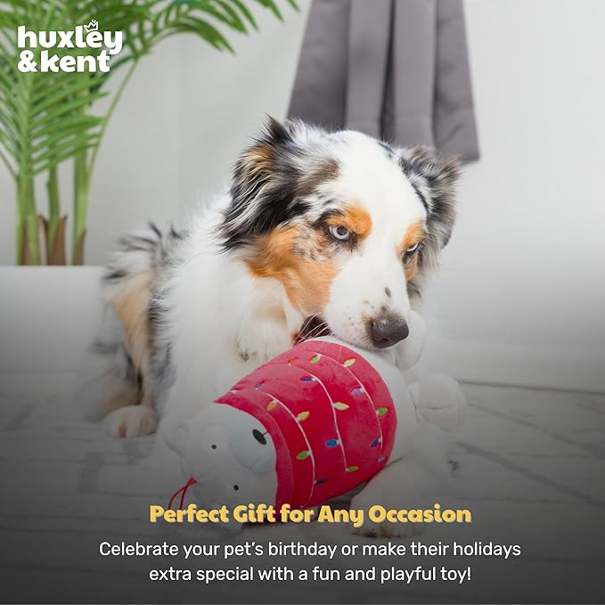 Huxley & Kent Funny Dog Toy w/Squeaker – Holiday Power Plush Squeaky Dog Toys for Small, Medium & Large Dogs – Soft Stuffed Animal for Indoor Play & Fetch - Deck the Bear, Small