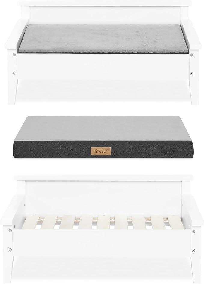 Wooden Dog Bed with Water-Resistant Mattress, Small to Medium Elevated Pet Bed with Calming Pet Mattress, Greenguard Gold Certified, Modern Dog Couch, Winston - TailZzz