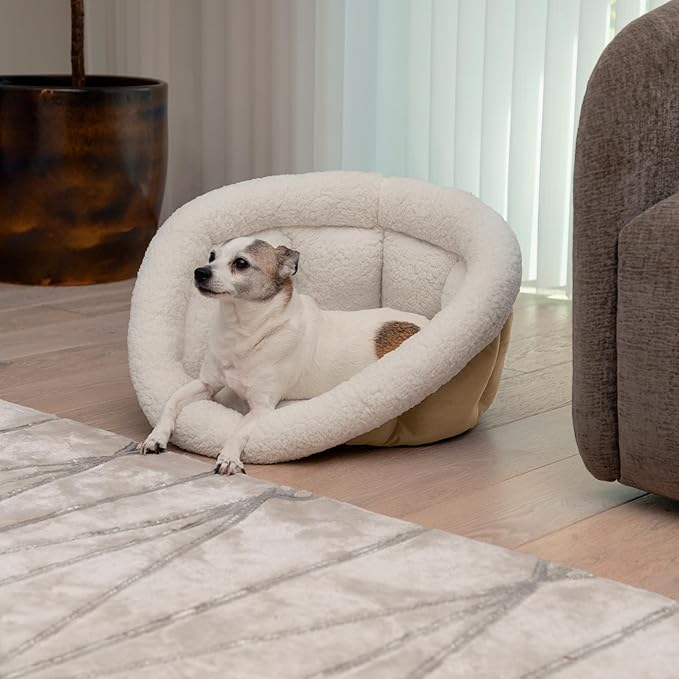 Sherry Kline Small Cuddler Cup Pet Bed: Cozy Retreat with Deep Cushioning, Secure & Snug Space for Nap or Lounge, Easy in 'n' Out Access, Polyester Fiber, Round Shape (Taupe)