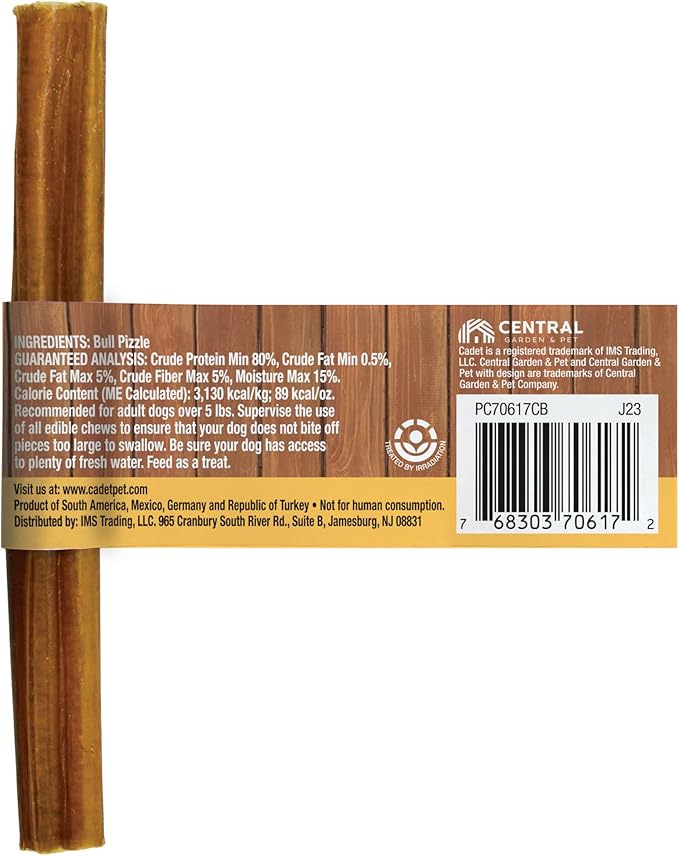 Cadet Bully Sticks for Small Dogs, All-Natural Beef Pizzle, Rawhide-Free Long-Lasting Dog Chews for Aggressive Chewers, 1 Count