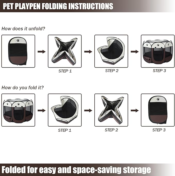 S-Lifeeling Pet Playpen Foldable Puppy Kennel Removable Dog Cat Bunny Mesh Shade Cover Portable Waterproof Bottom Collapsible Indoor Outdoor (Coffee)