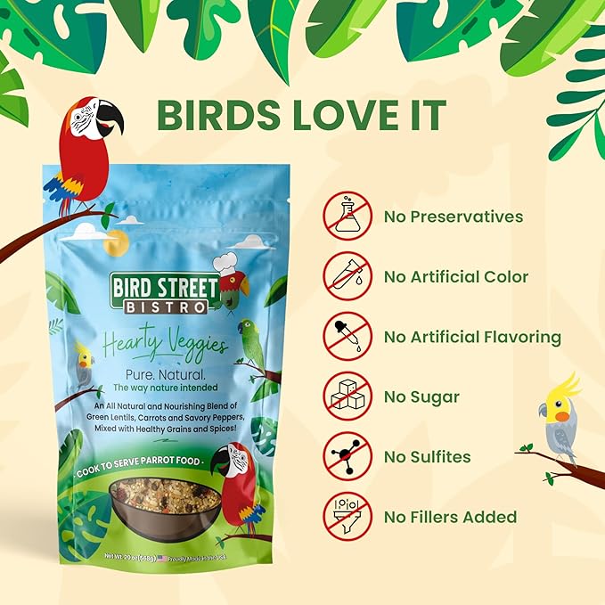 Bird Street Bistro Parrot Food - Parakeet Food - Cockatiel Food - Bird Food - Cooks in 3-15 min with Natural Grains - Legumes - Non-GMO Fruits, Vegetables, & Health Orientated Spices