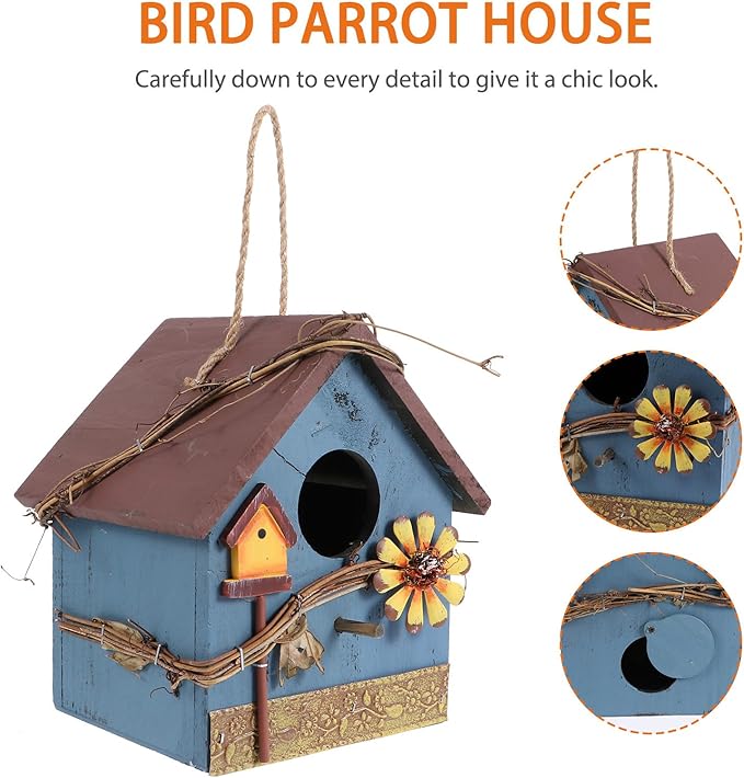 Kisangel Wooden Bird Parrot House Feeder Hanging Wild Bird House Outdoor Garden Blue Metal Edge Birdhouse for Backyard Birding and Wildlife Feeding
