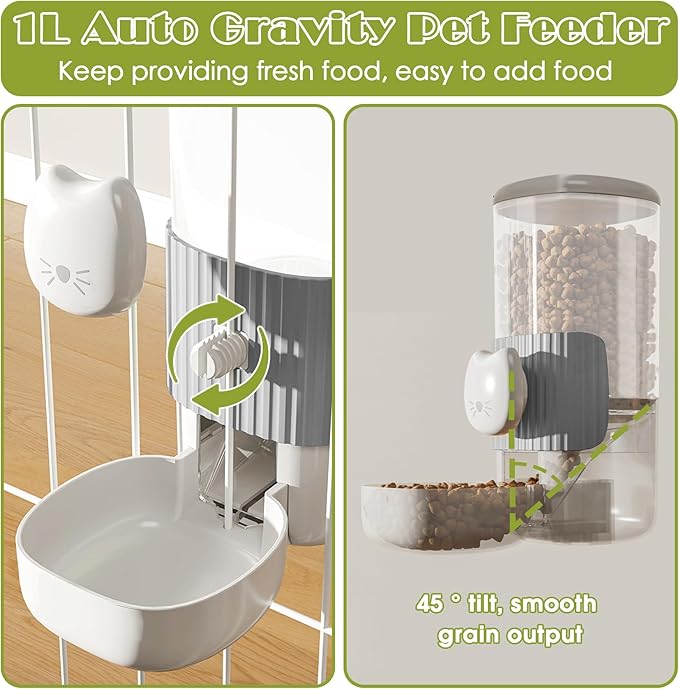 34oz Hanging Automatic Cat Food and Water Dispenser, 1L Auto Gravity Pet Feeder Set, Cage Cat Dog Feeder for Kitten Puppy Bunny Guinea Pig (Gray)