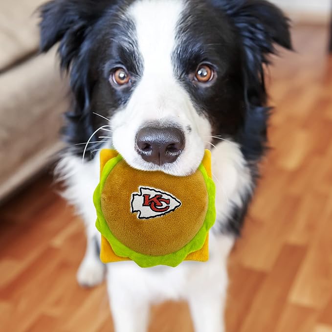 Pets First NFL Kansas City Chiefs Stadium Cheese Burger Plush Dog & Cat Squeak Toy with Beautiful Team Name & Logo
