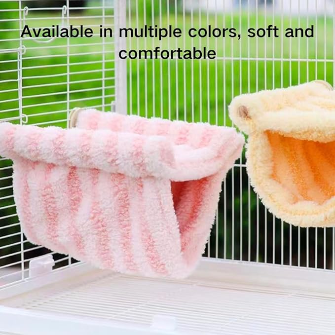 Winter Warm Guinea Pig Hammock, Double Layer Hanging Chinchilla Nest Bed with Warm Plush, Bird Cage Stand Perch, Hideaway Cave Tent, Sleep Bed Cage Accessories for Rat Sugar Glider Parrot (Pink)