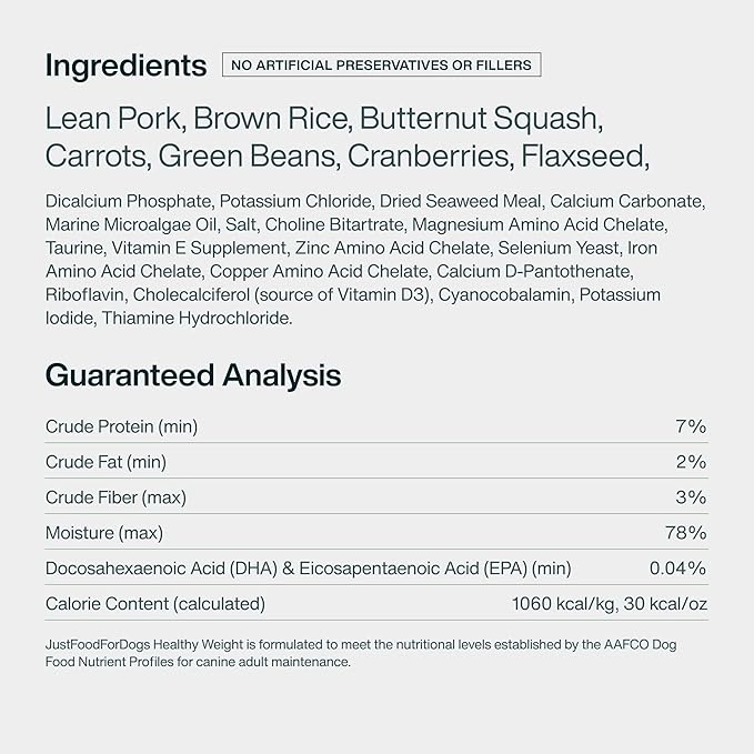 JustFoodForDogs Fresh Frozen Healthy Weight Management Dog Food, Fresh Pet Meals or Toppers for Dog Weight Control, Human Grade, Vet Recommended, High Fiber, Lean Pork, 18-oz Pouch, case of 7
