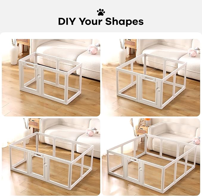 Clear Acrylic Dog Playpen Indoor, Puppy Cat Small Pet Play Pen, Pet Cat Playpen for Rabbits, Dog Fence Crate Kennel Whelping Cage (White, Door + Panel)
