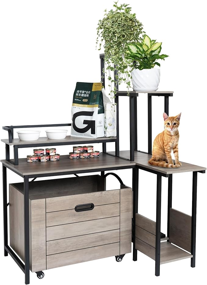 IDEALHOUSE 2024 New Hidden Litter Box Furniture - Cat Litter Box Enclosure Furniture with Flower Stand, Pullable Carring Tray, Coner Plant Stand, Corner Wooden Cat Washroom
