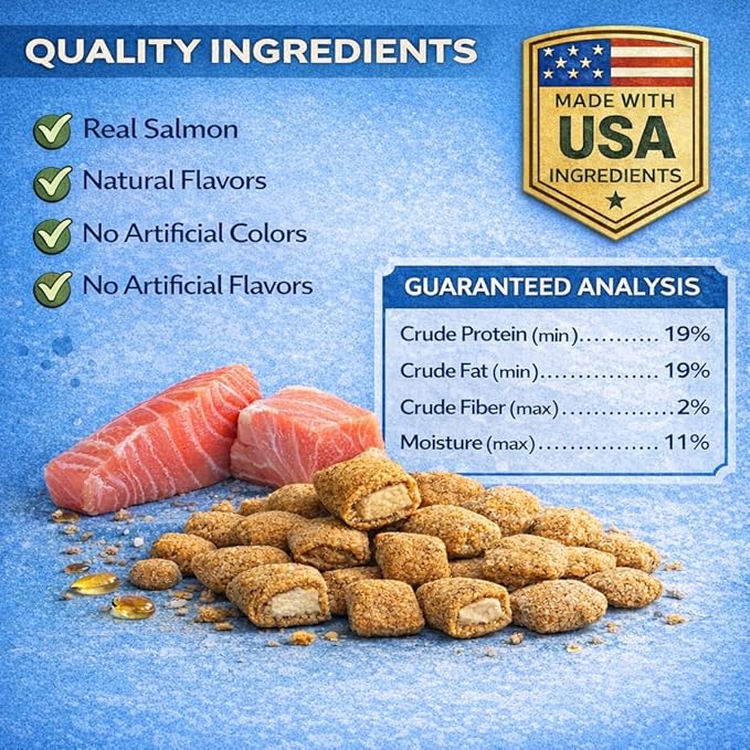 Salmon Cat Treats Bundle - Crunchy Soft Filled Bites + Lickable Puree Squeeze Tube - Healthy Training Treats Indoor Cats Kittens Senior - Low Calorie Food Topper No Artificial Flavors Wheat Soy Free