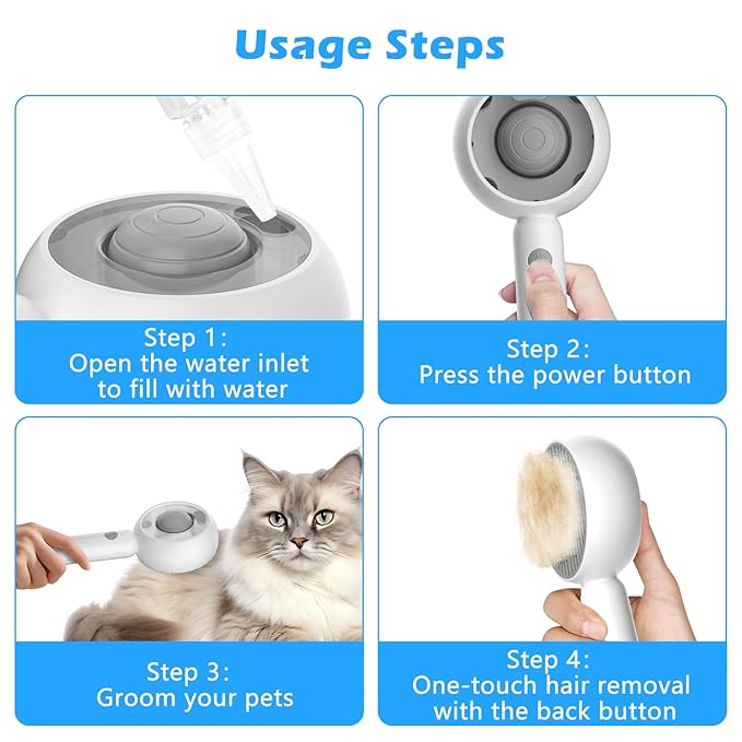 4 in 1 Cat Steam Brush for Shedding, Pet Grooming Brush with Self-Cleaning & Anti-Static, Massage Comb for Long and Short Haired Cats/Dogs, Gray