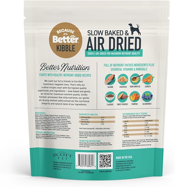 Because It’s Better Slow Baked & Air Dried Dog Food - Real Salmon & Veggies - Complete & Balanced Dry Dog Food - Grain Free, High Protein, Natural Nutrition for All Life Stages, 3 lb Bag