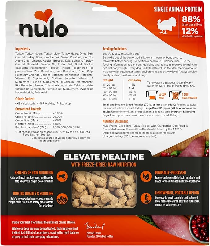 Nulo Freeze-Dried Raw Turkey Recipe with Cranberries Complete and Balanced Dry Dog Food Kibble, 18 Ounce Bag