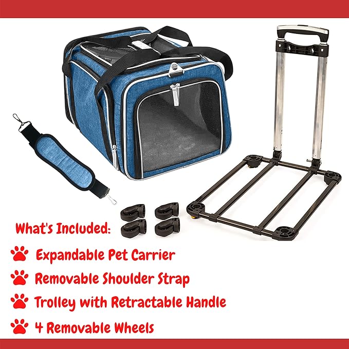 Ruff Life 101 Airline Approved Expandable Premium Pet Carrier on Wheels- Two Sided Expandable Rolling Carrier- Designed for Dogs & Cats- Extra Spacious Soft Lined Carrier! (Blue)