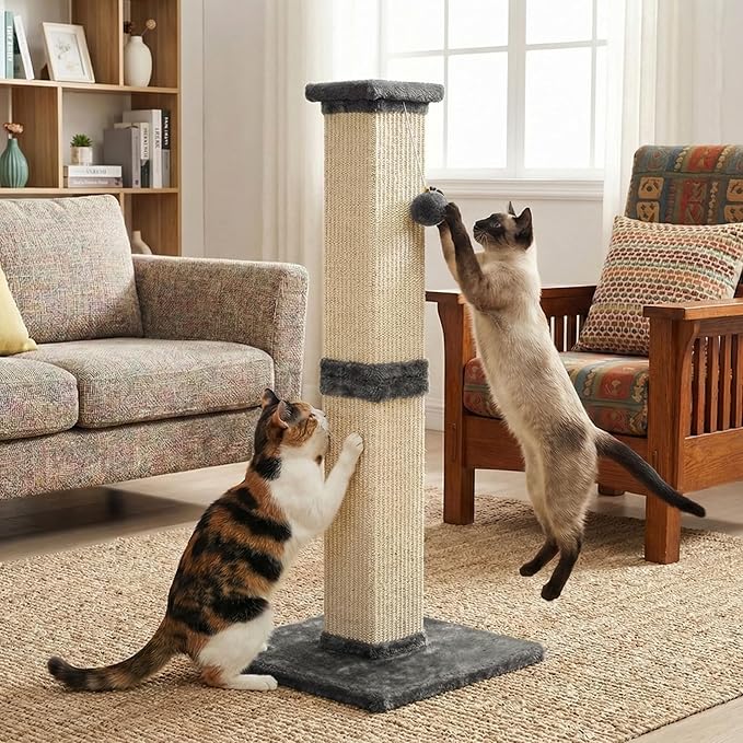 Fansafurn Tall Cat Scratching Post, 32'' Heavy Duty and Thick Scratching Post, Scratching Post for Adult Cats, Thick Sisal Rope with Hanging Ball, Grey