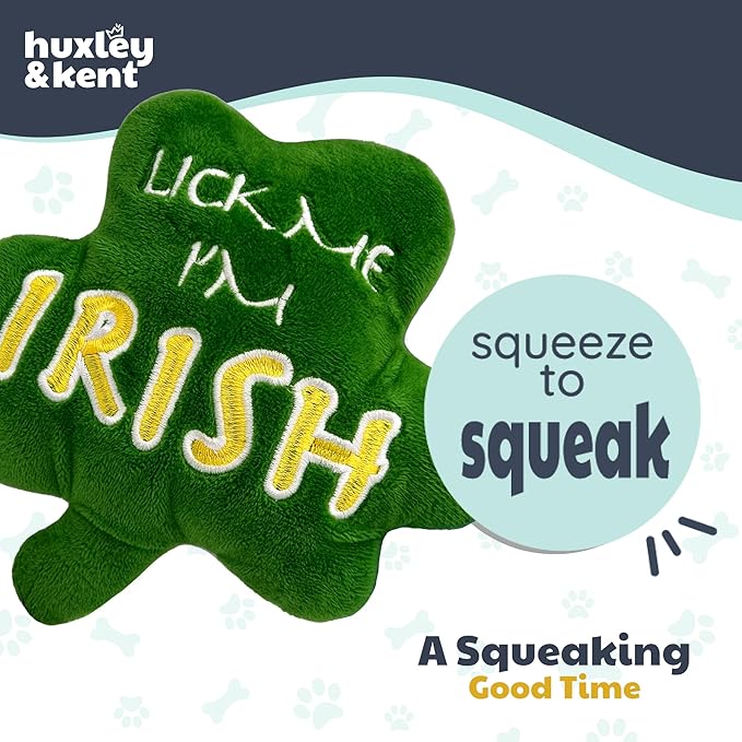 Huxley & Kent Funny Dog Toy w/Squeaker – St. Patrick's Day Power Plush Squeaky Dog Toys for Small, Medium & Large Dogs – Soft Stuffed Animal for Indoor Play & Fetch - Lick Me Shamrock, One Size