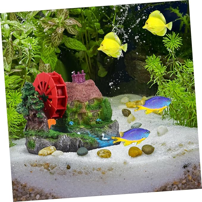 Aquarium Landscape Stone House with Water Wheel Model Unique Fish Tank Decoration for Goldfish and Aquatic Pets Decor for Aquarium Environments
