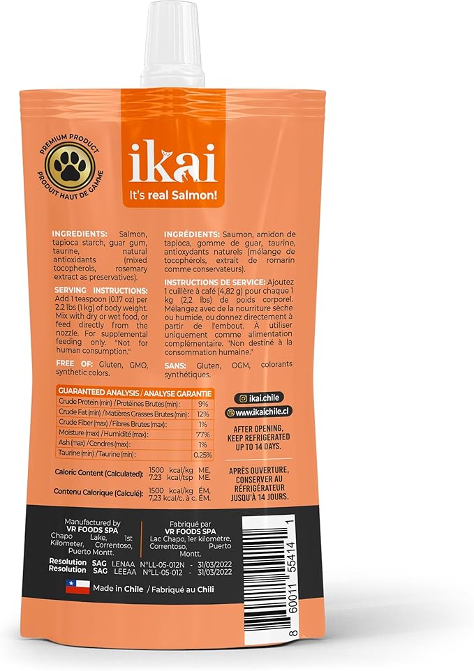 IKAI - Lickable Wet Cat Treats - Patagonian Salmon from Chile, No By-Products, Highly Digestible Protein, with Omega 3 & 6 for Healthy Skin & Glossy Coat - 2.11 oz (16 Pack, Salmon)