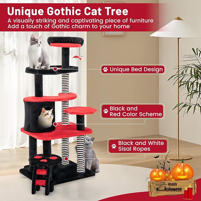 PETSITE Gothic Cat Tree - 52 Inch Tower with Sisal Scratching Post, Coffin Bed, Cat Condo, Ladder and Bat-Shaped Ball, 6-Tier Goth Cat Tree for Indoor Cats