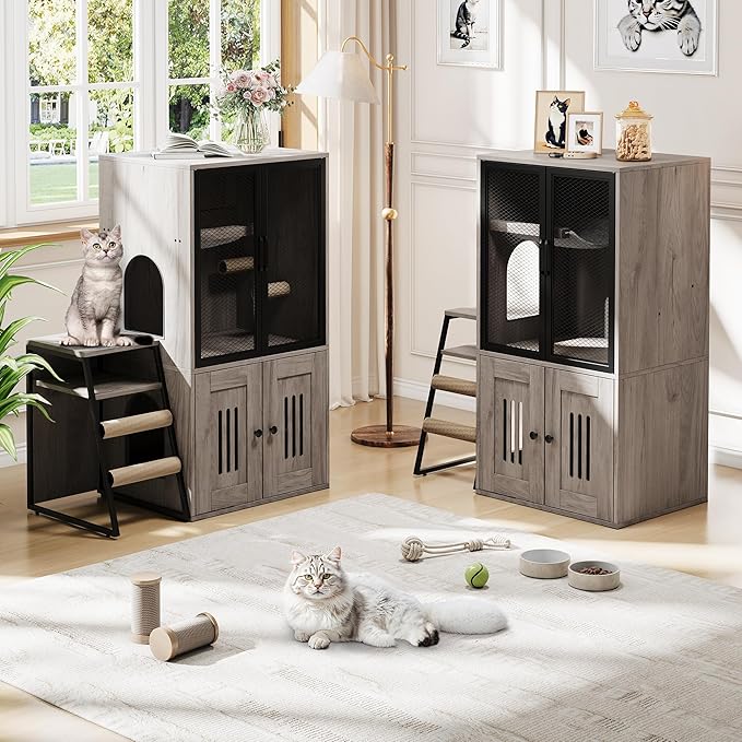 GarveeLife Cat Litter Box Enclosure with Doors, Double Cat House with Storage Space, Enclosed Litter Box Furniture with Ladder, Grey