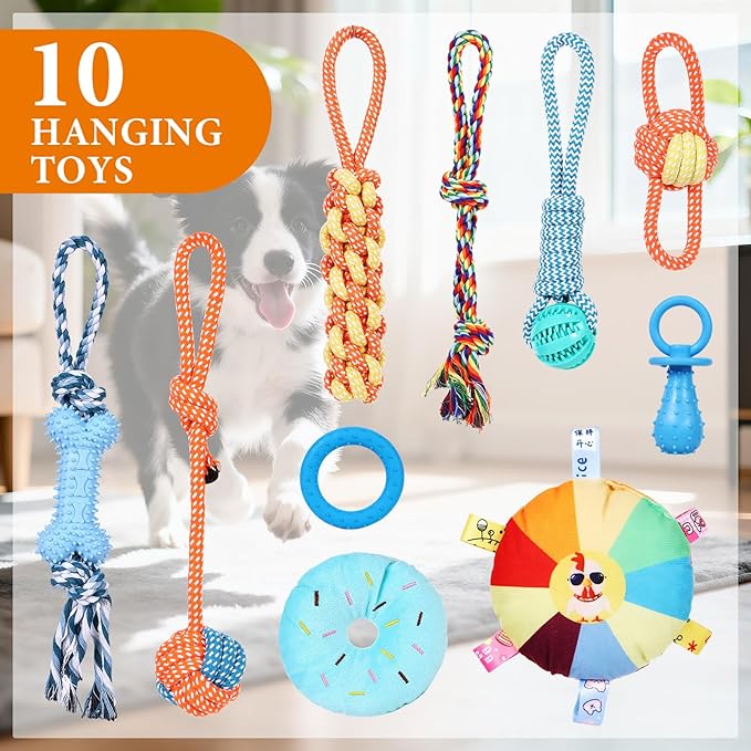 WLLEYAY Puppy Play Gym for Small Dogs with 10 Hanging Toys, Removable Indoor Jungle Gym, PVC Frame with Adjustable Bungee Straps, Interactive Dog Toys Tug Toys for Dogs Rope Toy to Keep Them Busy