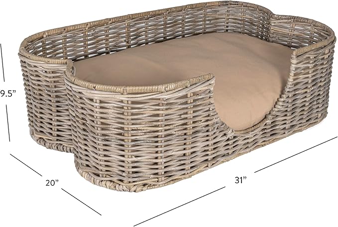 DBD1003A Scallop 31" x 20" Tropical Handwoven Rattan Dog Bed with Machine Washable Cushion, Kubu Gray