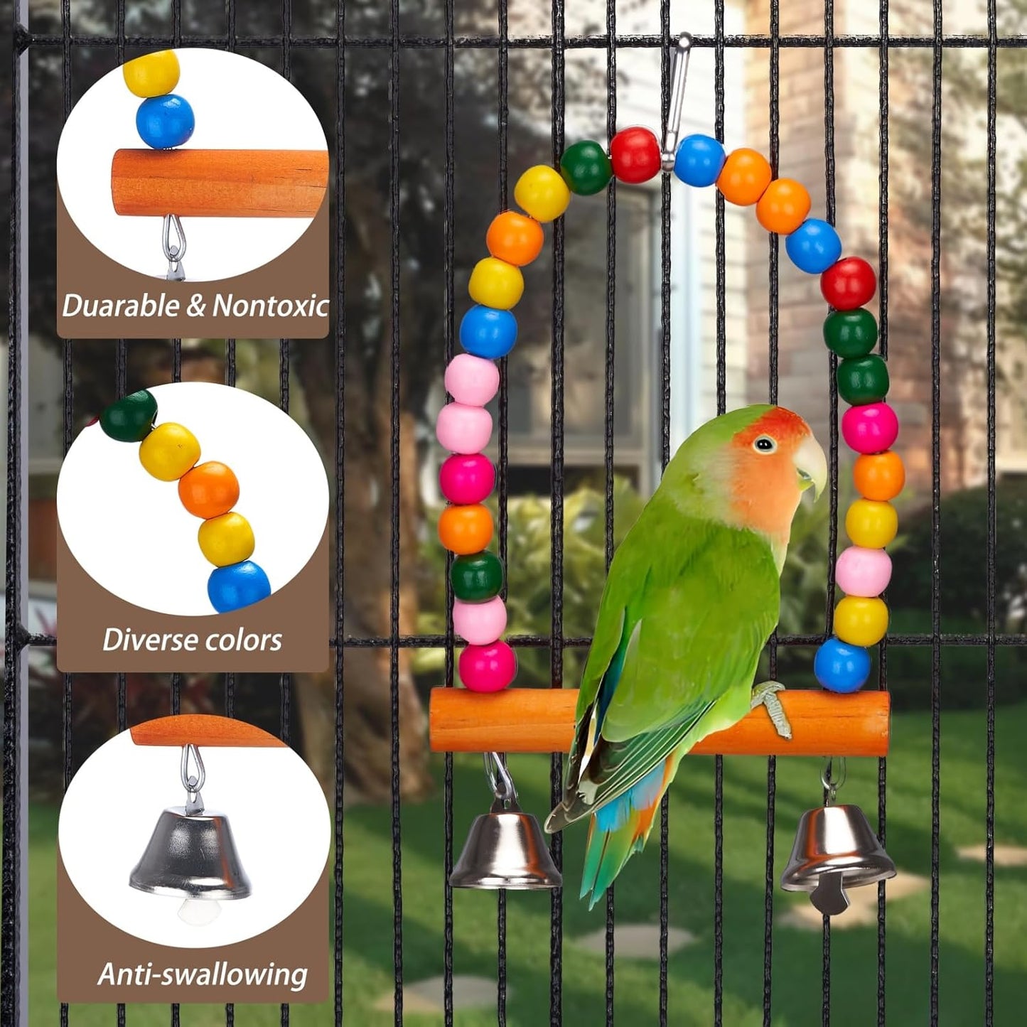 11Pcs Bird Parakeet Toys Wooden Bird Platform Stands Swing Hanging Chewing Toy Parrot Climbing Ladder Colorful Bird Cage Toys for Parakeet, Conure, Cockatiel, Love Birds, Finches