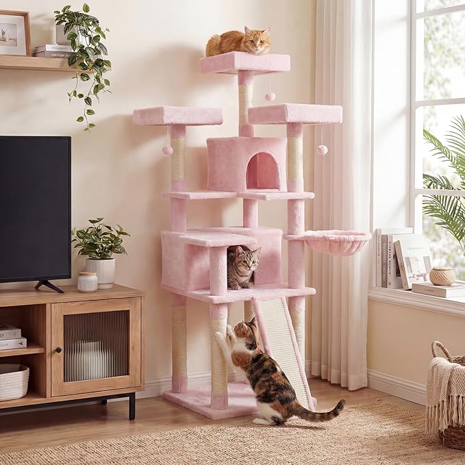 DORTALA Multi-Level Cat Tree, 65" Tall Cat Tower with 3 Plush Perch, 2 Condos, Basket Bed, Sisal Scratching Posts & Board, Hanging Pompoms, Indoor Pet Climbing Furniture (Pink)