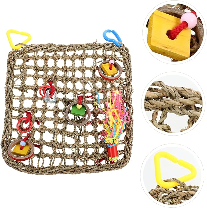 Mikikit 1Pc Handmade Parrot Hammock Natural Woven Climbing Net for Cockatiels Parakeets Birds Safe Edges Bird Accessories for Play Rest